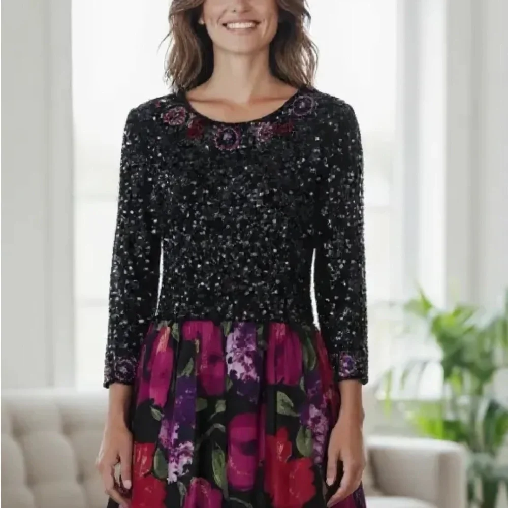 Victoria Royal Ltd Beaded Sequin Silk Gown Black Floral Maxi Dress 6/8 Vintage - Picture 5 of 16